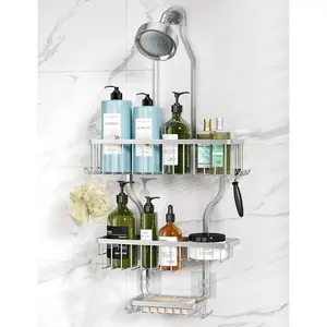 Rust-proof aluminum hanging shower storage rack – designed to be mounted above the shower head, equipped with 10 hooks for hanging razors and sponges – includes a soap basket – silver color