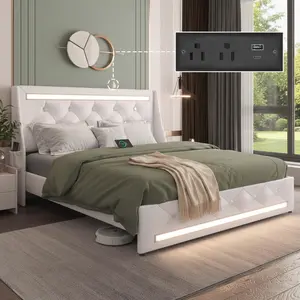 Queen Platform Bed Frame with LED Lights, Charging Station, Faux Leather Upholstery, Diamond Trim, Wingback Headboard, Side Storage Pockets, Sturdy Wooden Slats Support, Easy Assembly, White Bed Frames for Queen Size