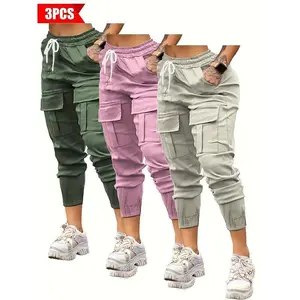 3-Pack Women's Casual Sports Pants Outdoor Running Pocket Pants Drawstring High Waisted Joggers Solid Color Joggers