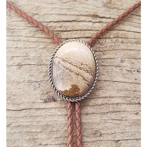Native American Sandpainting Stone Bolo Tie Necklace with Adjustable PU Leather Cord - Hand-Painted Western Wedding Jewelry for Unisex, Spiritual Harmony Gift & Boho Accessories