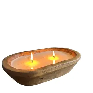 Dough Bowl Candles - Natural Wooden Design with Three Candles for Freshening Decor - Decoration, Freshener