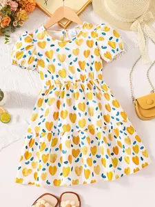 1Pc Girls' Summer Trendy Minimalist Casual Crew Neck Short Sleeve All-Over Print Dress, Suitable for 4-8Y Girls, Perfect for Home & Outdoor Wear, Ideal as a Holiday Gift