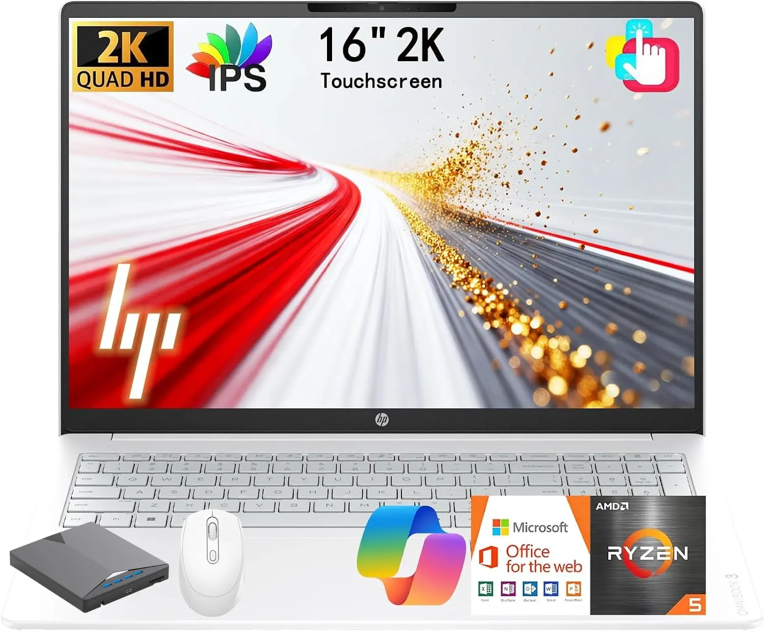 HP OmniBook 16" 2K WUXGA Touchscreen Laptop Computer • Next Gen AI PC • Latest AMD Ryzen 5 CPU • 8GB RAM • 256GB SSD • Long Battery Life • Copilot Key • Windows 11 with Office 365 for Web