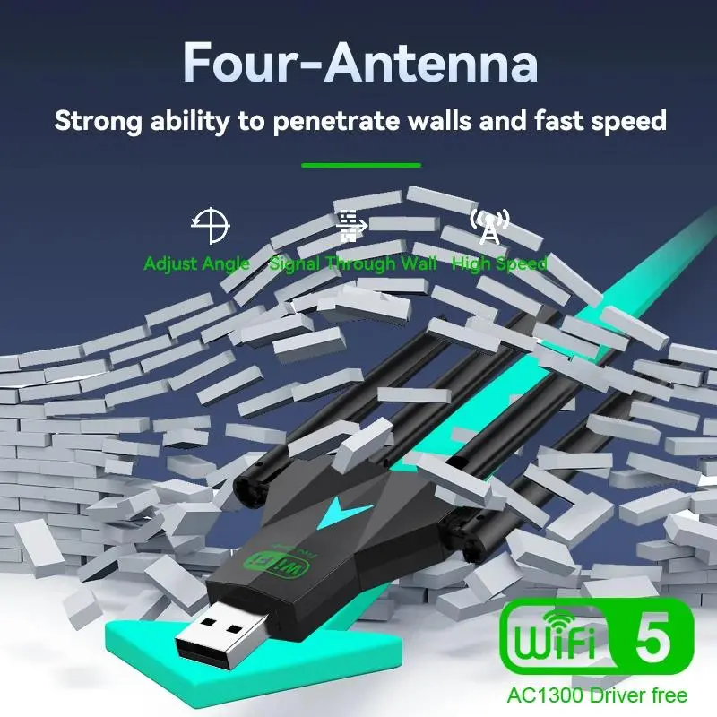 AC1300 High Speed Dual Band WiFi USB3.0 Adapter, 2.4G/5Ghz 802.11AC 4-Antenna Wireless Receiver, Driver-Free for PC/Laptop with Hotspot Share Function & Phone Magnetic Fraction Demonstration Book