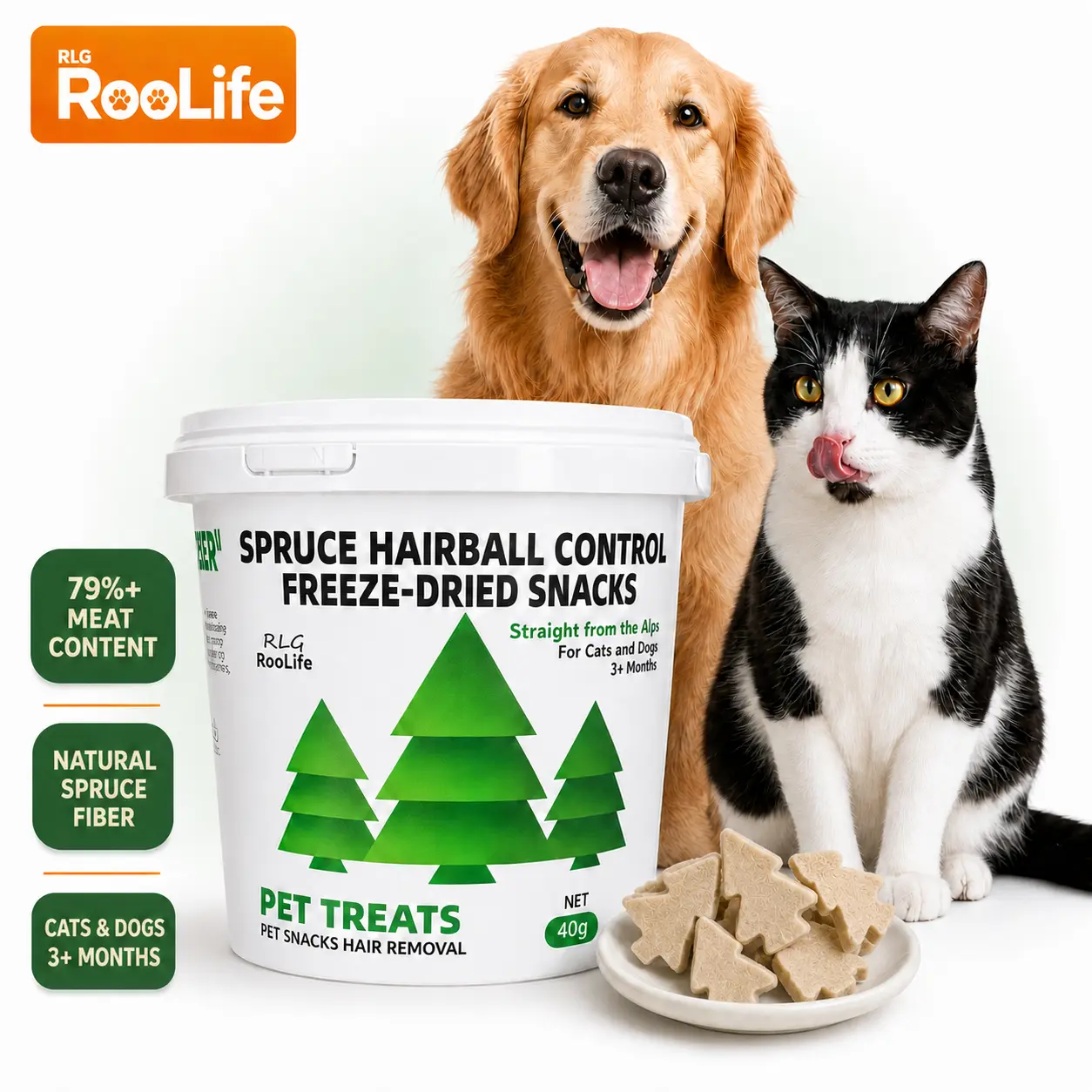 Spruce Fiber Freeze-Dried Cat Treats – Natural Hairball Relief, High-Protein Chicken, Omega-3 & Vitamins for Healthy Coat – Grain-Free, Individually Wrapped for Freshness and On-the-Go