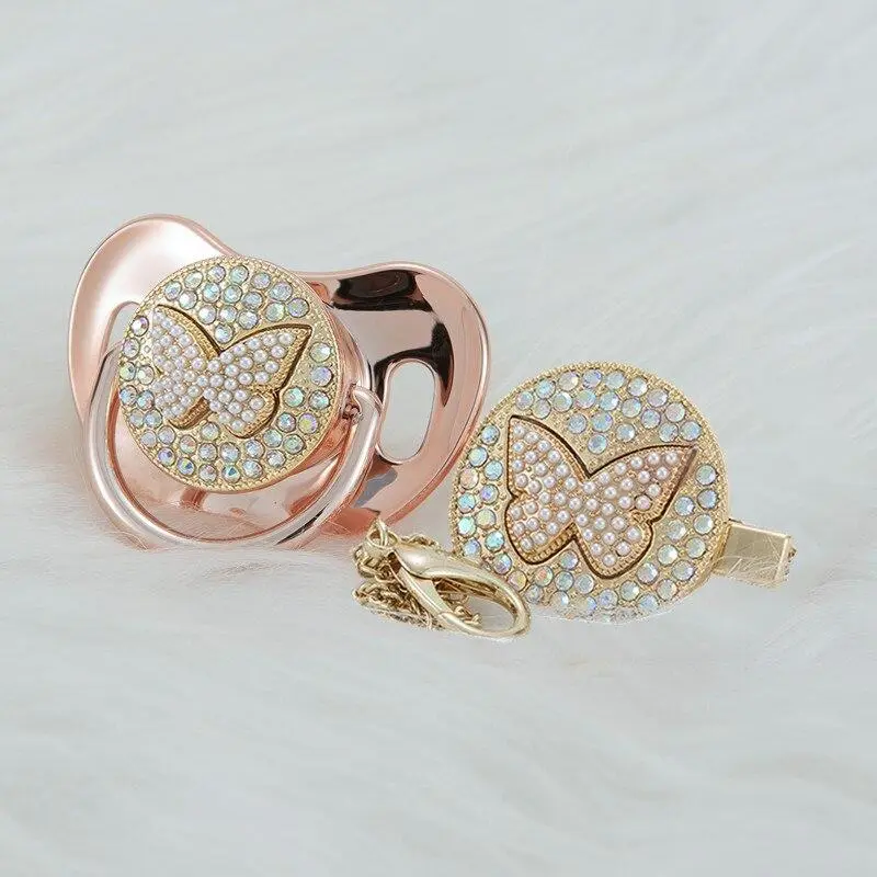 MIYOCAR bling 3D Butterfly Metallic pacifier and clip BPA free New Born gift Photography no for daily use gold  pacifier pacifier
