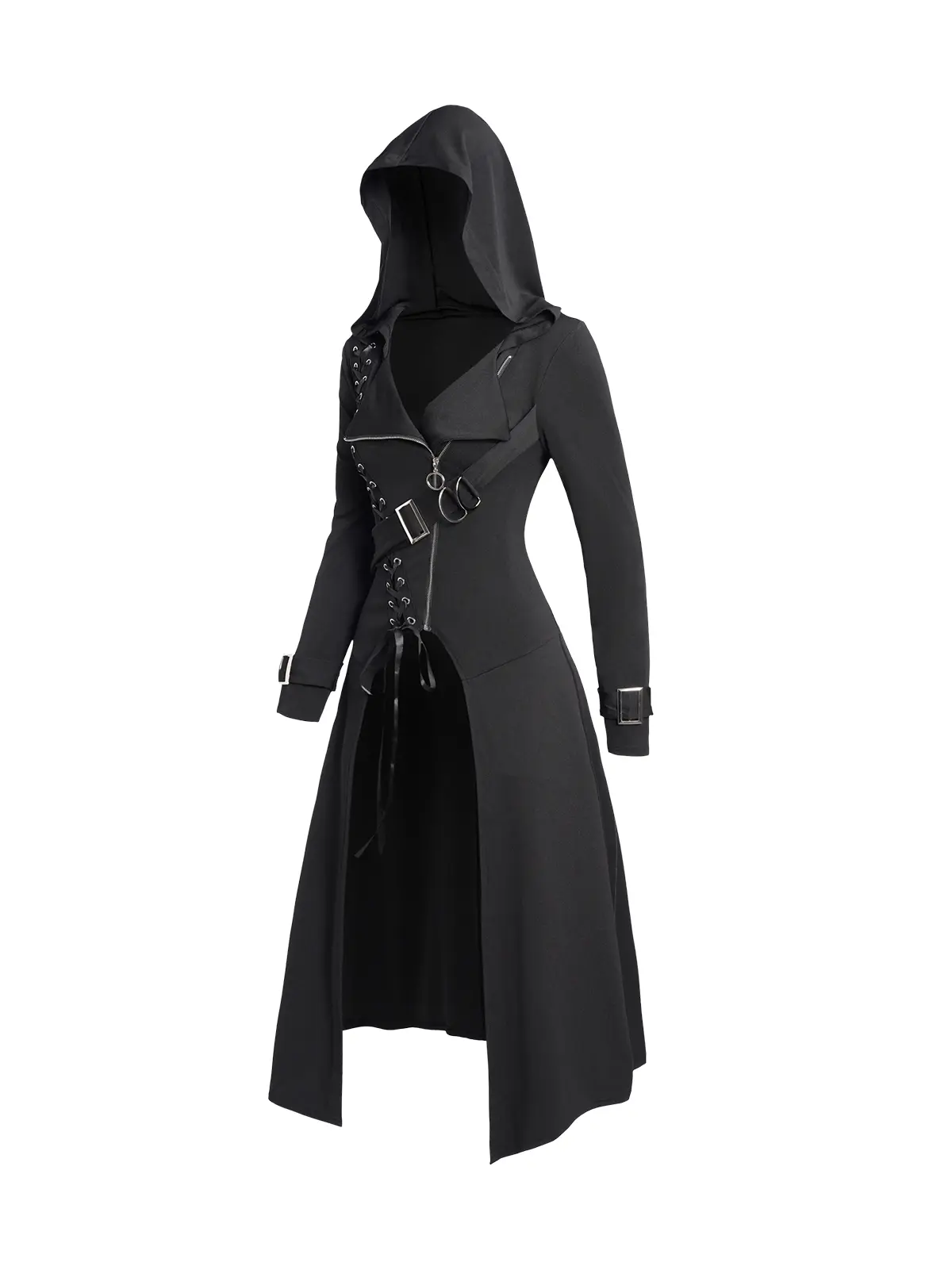2024 Women's Punk Gothic Hooded Coat Plain Color Lace Up Zip Coat Overcoat For Women Long Sleeve Trench Female Longline Outwear Black Coats