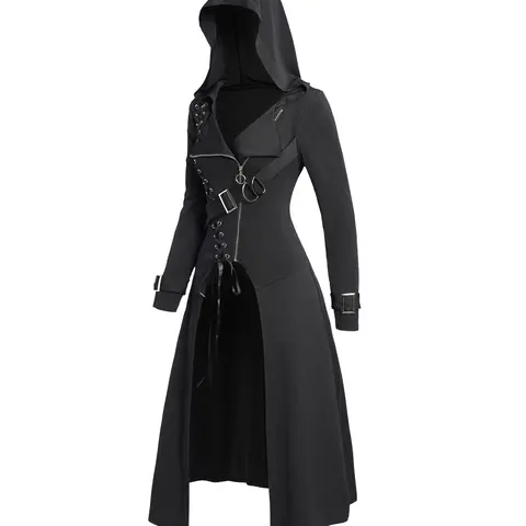 DRESSLILY Women's Punk Gothic Hooded Coat Plain Color Lace Up Zip Coat Overcoat For Women Long Sleeve Trench Female Longline Outwear Black Coats