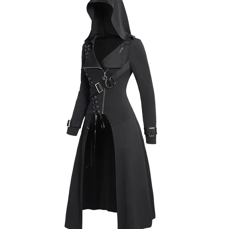 DRESSLILY Women's Punk Gothic Hooded Coat Plain Color Lace Up Zip Coat Overcoat For Women Long Sleeve Trench Female Longline Outwear Black Coats