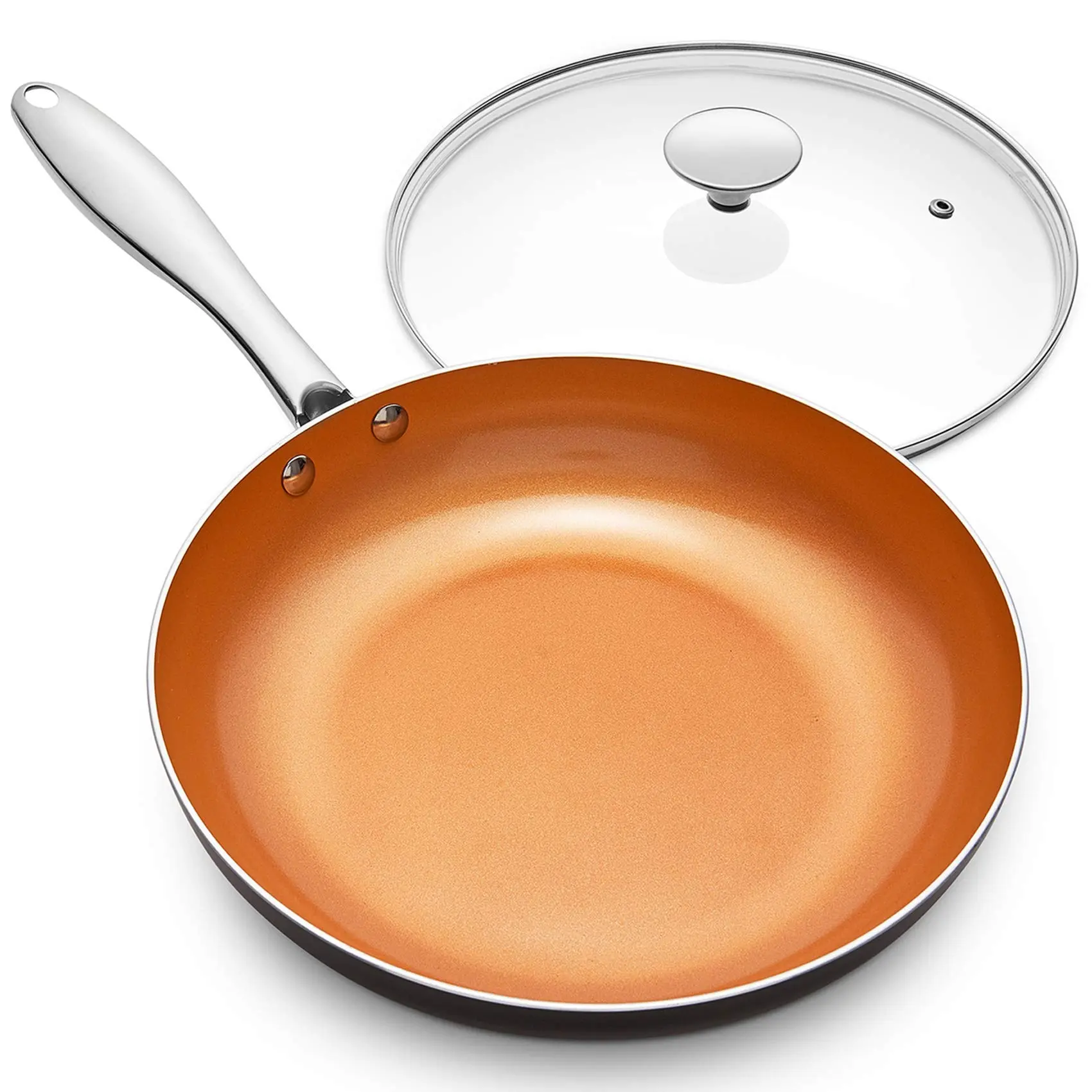 MICHELANGELO Nonstick Frying Pan with Lid - 8/10/12 in Aluminium Cookware, Ceramic Titanium Copper Coating, Induction Compatible, 2000+ ml Capacity, Oven-to-Stove Versatility for Healthy Cooking