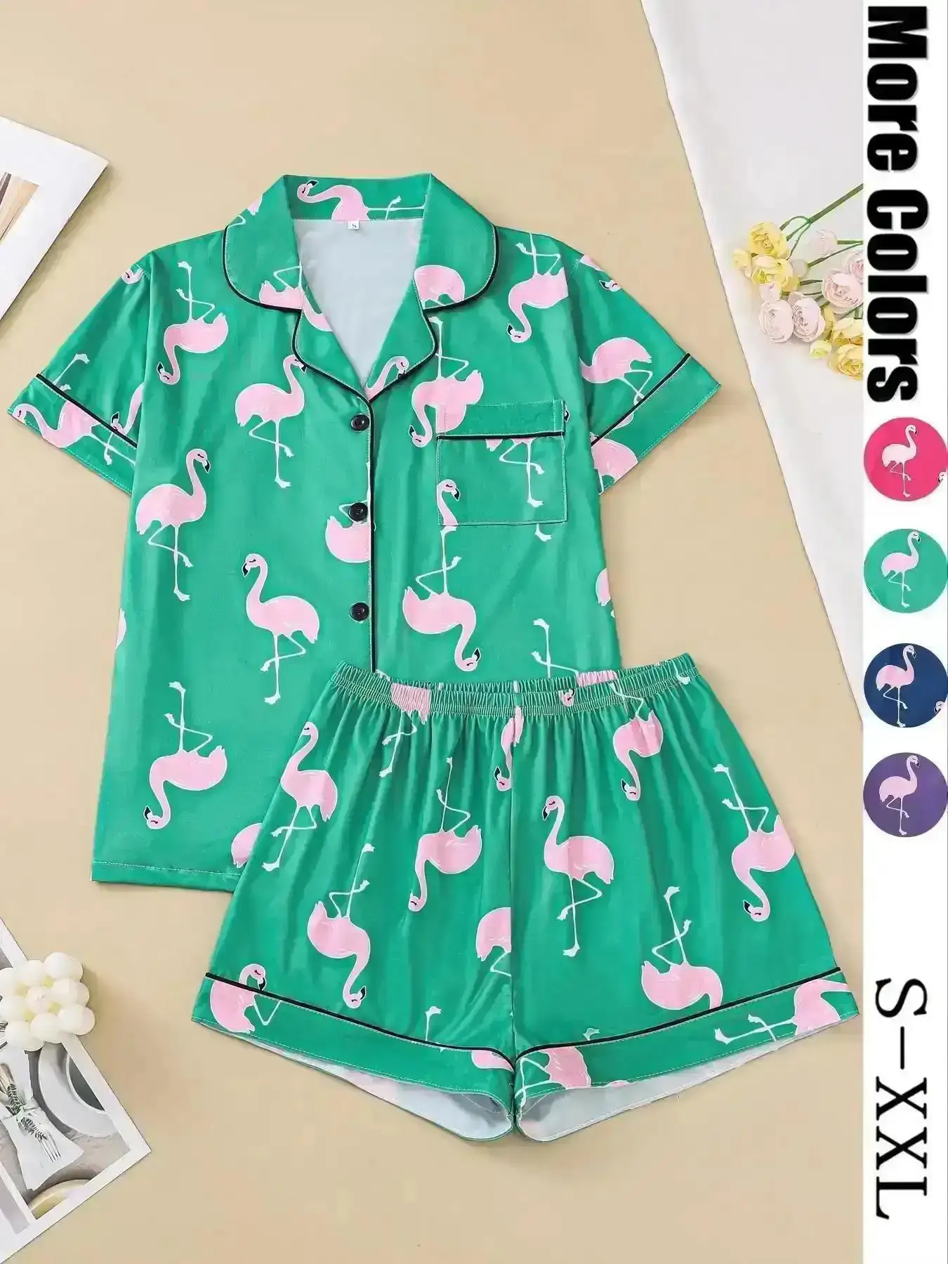 2026 Women's Flamingo Print Loose Pajama Set, Short Sleeve Button-Up Top & Elastic Shorts, Casual Home Wear, All Seasons Comfortable Sleepwear, Loungewear, Ensemble, Everyday, Cozy, Lightweight, Relaxed Fit