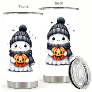 Double Layered Stainless Steel Thermoses with Leak Proof Cover, Easy to Clean and Convenient for Repeated Use,Perfect Gift for Family&FriendsGhost and Pumpkin 1 pc 20oz