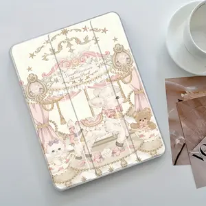 Cute Carousel & Animal iPad Case  Pastel Dreamy Girly Protective Cover iPad Case with Pencil Slot, Transparent Acrylic Back for iPad 10.2 2019/2020/2021, Slim Shockproof Design, Perfect Gift for Home and Office, Tablet Accessories