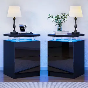 Aoxun nightstand sets of 2 with LED Lights, Adjustable Lighting, 2 Storage Drawers, Acrylic Legs, Minimalist Design, 15in Modern End Table for Bedroom, Bed Accessories, Apartment Furniture