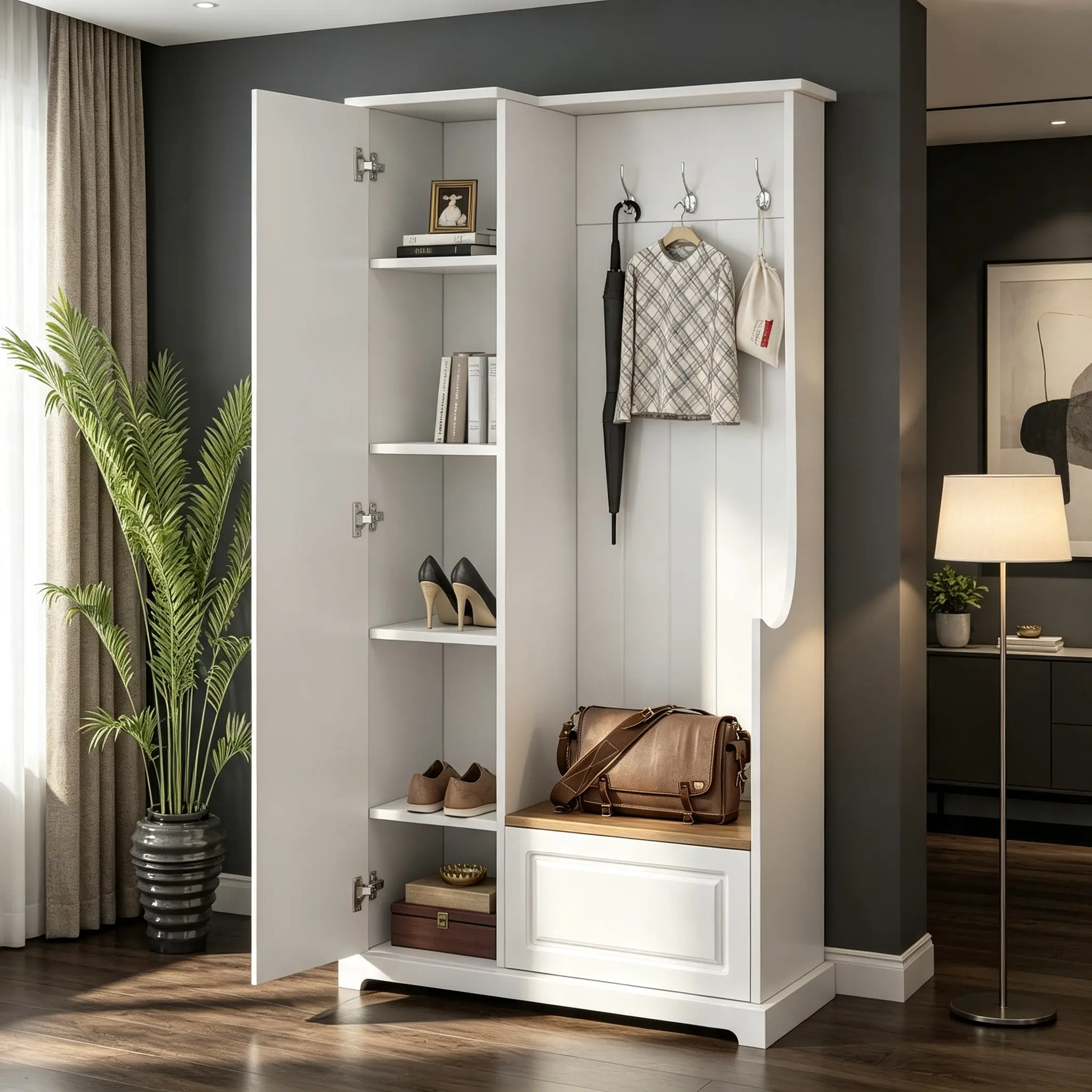 Modern Hall Tree with Flip-Up Bench, Adjustable Shelves, 3 Hanging Hooks, Minimalist Rectangular Entryway Shoe Cabinet, Grooved Front, MDF+Board Construction, Wood Grain Accent, Space-Saving Mudroom Storage Furniture