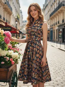 RETRO STAGE Women's 1950S Vintage Sleeveless Collar Dress, Owl Bookshelf Print, Knee-Length, Summer Casual Womenswear, Side Concealed Zipper, Unique Design