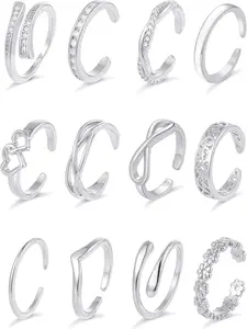 12 Pcs Toe Rings Minimalist Trendy Style Geometric Patterns (18K Gold Plated, Adjustable Design, High Quality Copper, Multiple Sizes & Various Band Sizes) for Women & Girls (Beach, Daily Wear & Summer Outfits)