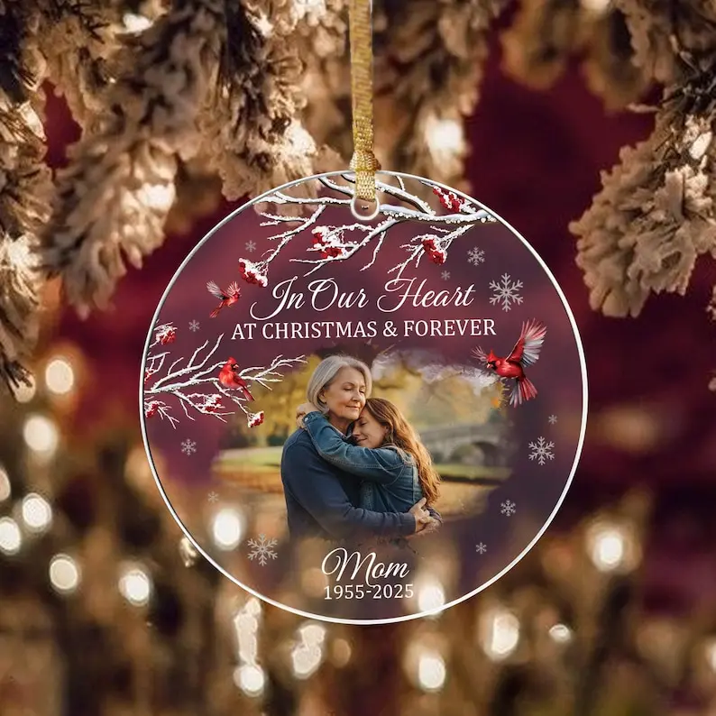 Personalized Memorial Cardinal Ornament – “In Our Heart At Christmas Forever” Memorial Photo Ornament, Remembrance Gift And Funeral Keepsake