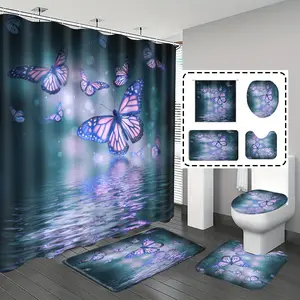 [Popular Choice]1pc/4pcs, bathroom curtains shower, bathroom set, shower curtains, bathroom decor,bathroom rug, bathroom mat, purple butterfly pattern, romantic theme decoration, bathroom set, with 12 hooks, Shower Curtain Sets