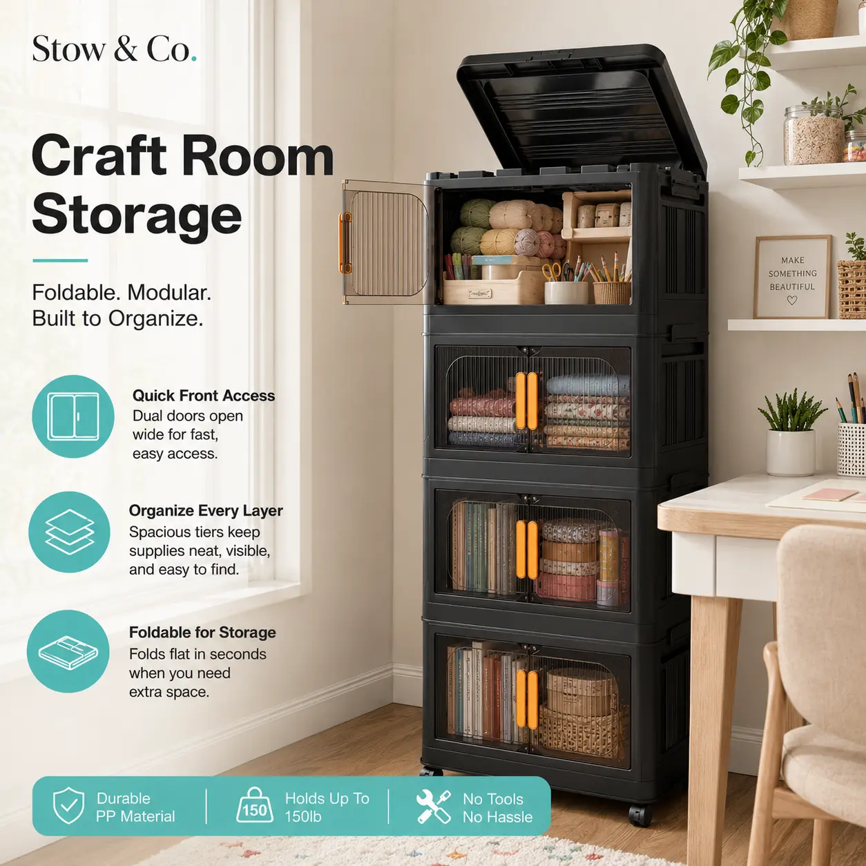 Home Essentials 5-Tier Folding Storage Cabinet, Black 20" Wide Plastic Storage Organizer with Magnetic Door & Wheels, Collapsible Storage Bins, Dustproof Room Storage Cabinet for Bedroom, Kitchen, Living Room, Dorm, Apartment, Gaming Room & Tool Room