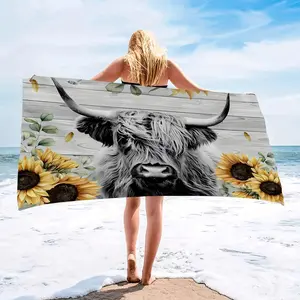 Sunflower & Cattle Pattern Beach Towel, Design Beach Towel, Soft Absorbent Towel for Home Bathroom Beach Vacation, Beach Towel for Women & Men