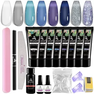 Poly Nail Extension Gel Kit-8 Colors Poly Nails Gel Kit Blue Purple Glitter All In One Kit Gel with Base Top Coat Set Nail Forms French Manicure Set for Beginner Starter Valentine's Day Gifts Nail Art Nail Care Nail Polish Polish Cutics Cosmetic Acrylic
