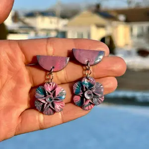 Nebula Flora Dangles - Handcrafted Polymer Clay Earrings with Unique Flower Design and Half-Moon Accents