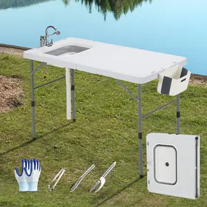 Homgava 50" Folding Outdoor Fish Cleaning Table with Sink, Camping Kitchen Station with Collapsible Faucet & Stainless Steel Sprayer, Includes 4pcs Fish Cleaning Kit for Camping, Picnic, Beach & Patio