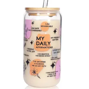 18oz Glass Cup with Lid & Straw & Brush, 1 Count Inspirational Slogan Pattern Glass Cup, Drinking Cup for Home Office Use, Gift for Women, Drinkware, Premium Drinking Glasses