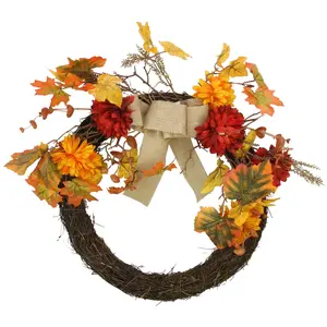 Northlight Fall Leaf and Mum Flower Thanksgiving Twig Wreath