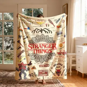 Stranger Things Retro Graffiti Patchwork Flannel Throw Blanket, Large Size, Soft Lightweight Warm, Perfect for Bed Sofa Office Camping Travel Gift