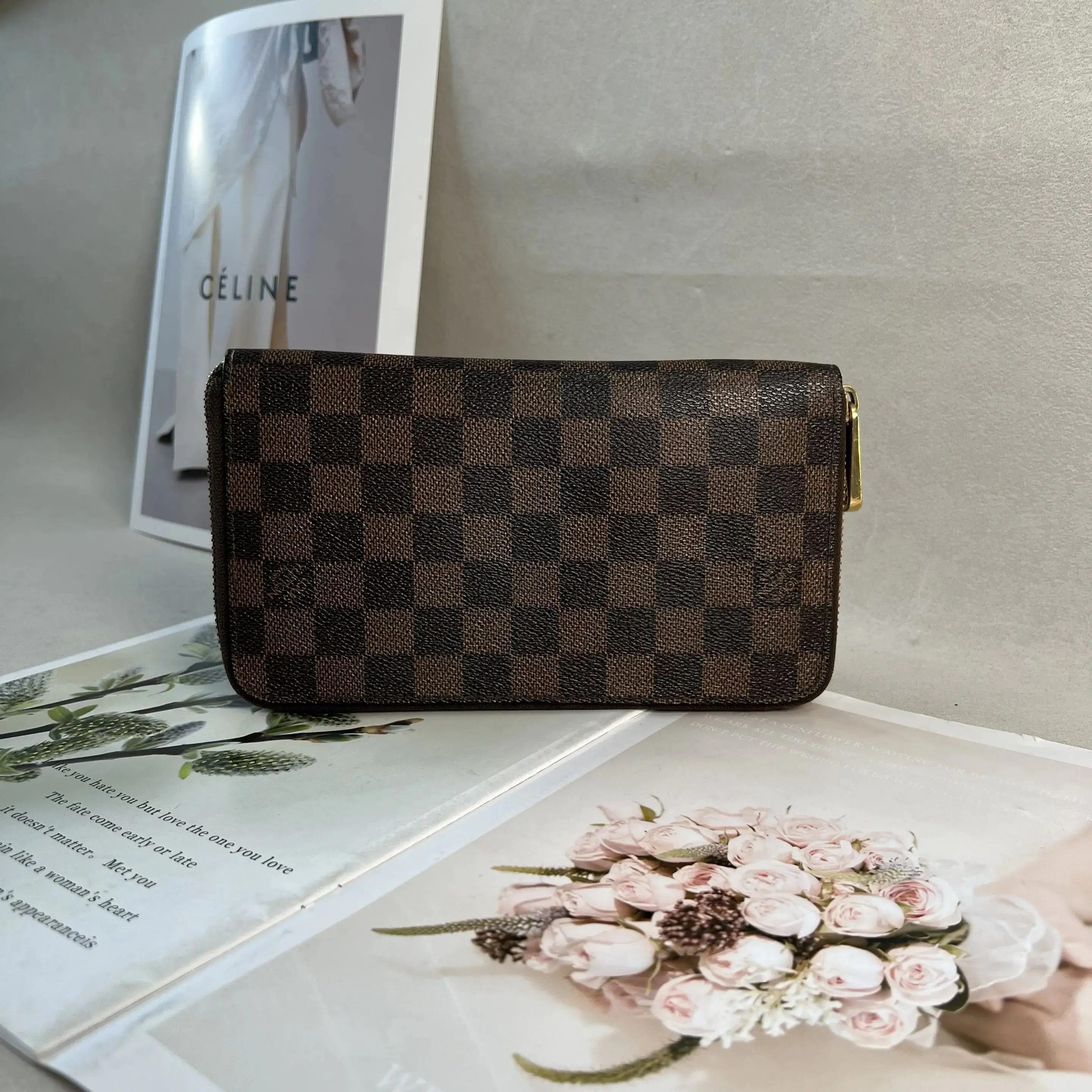 Pre-owned Louis Vuitton LV Zipper Brown Checkered Coated Canvas Leather Large Long Wallet 0817RI/C8354273920