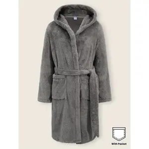 Fashion men's wear： [Cozy Fleece Hooded Robe] Men's Cozy Fleece Hooded Robe with Double Pockets & Adjustable Belt - Soft Gray Bathrobe for Home, Spa, or Lounge Wear, Casual Style, All-Season Comfort, Spa Attire, Relaxed Fit, Plush Texture,