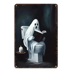 Vintage Halloween Decor Metal Sign - Gothic Ghost Reading On Toilet Dark Academia Bathroom Wall Art 8x12 Inch Lightweight Spooky Ornaments Decoration Aluminium