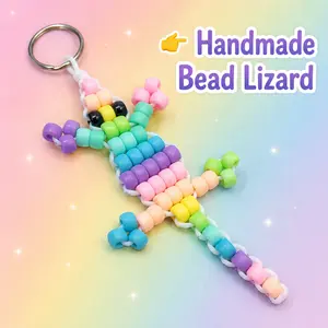 Handmade Pastel Rainbow Bead Lizard Keychain, Cute 90s Pony Bead Charm, Fashion Costume Jewelry Backpack Accessory