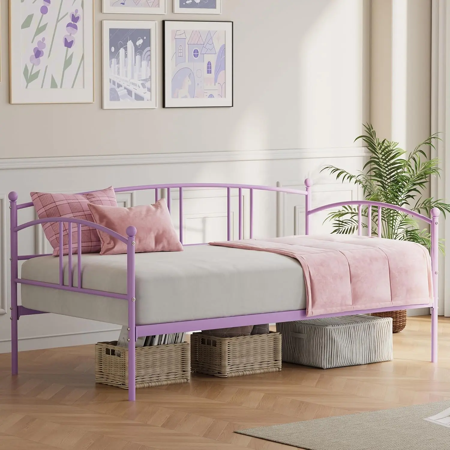 Purple Twin Metal Platform Bed Frame - High Strength Heavy-Duty Steel Slatted Support, No Spring Mattress Needed, Space-Saving Storage Bed, Contemporary Style Design, for Modern Bedrooms, Assembly Required, Fits Single/Double Mattresses, Modern Bedroom