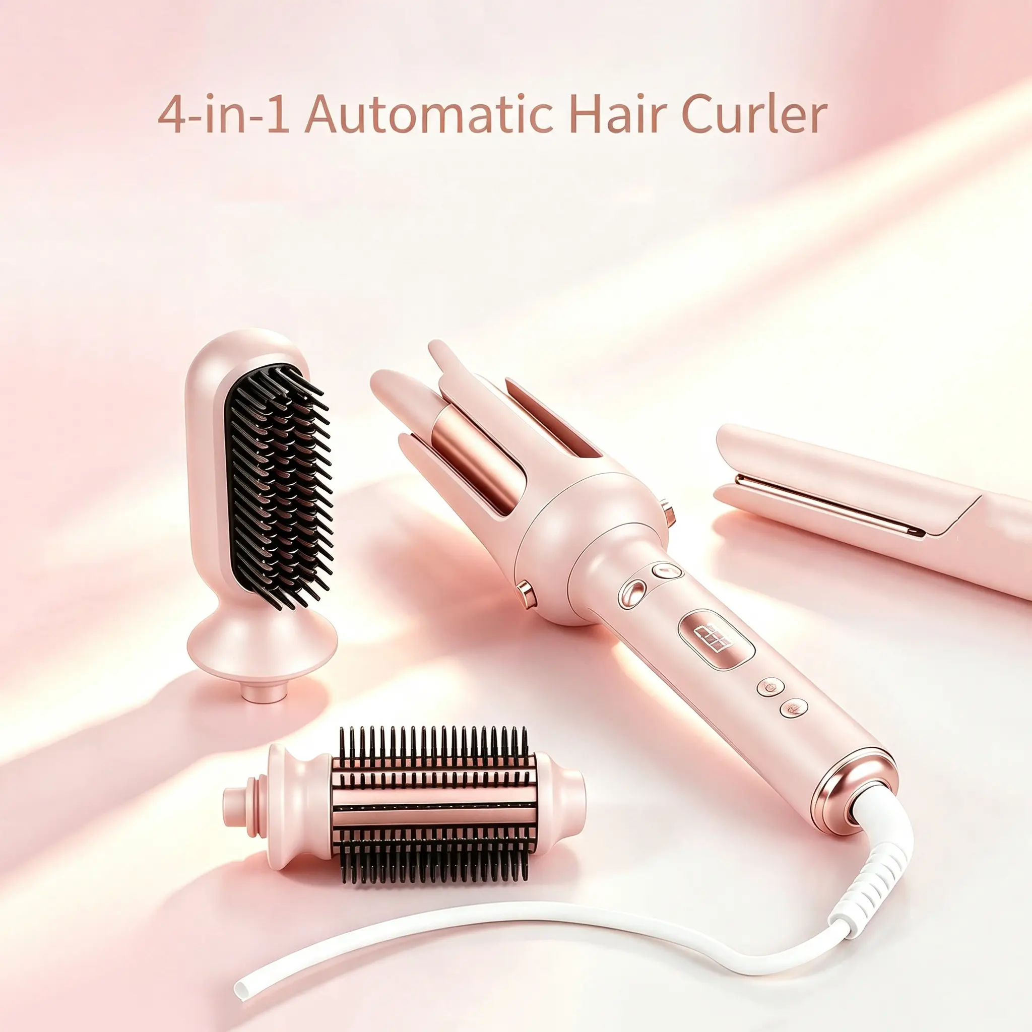 4-in-1 Curling Iron Set, Automatic Rotating Hair Curler with Ceramic Barrel, Anti-Scald, Fast Heating, Negative Ion Hair Styling Tool for All Hair Types