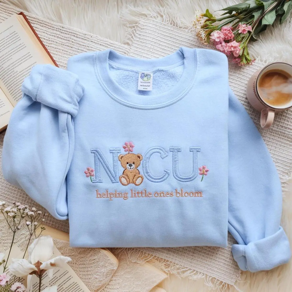 Embroidered Bear NICU Sweatshirt Hoodie, Neonatal Intensive Care Unit Nurse Sweater, NICU Nurse Shirt, Cute Nurse Gift, Blue