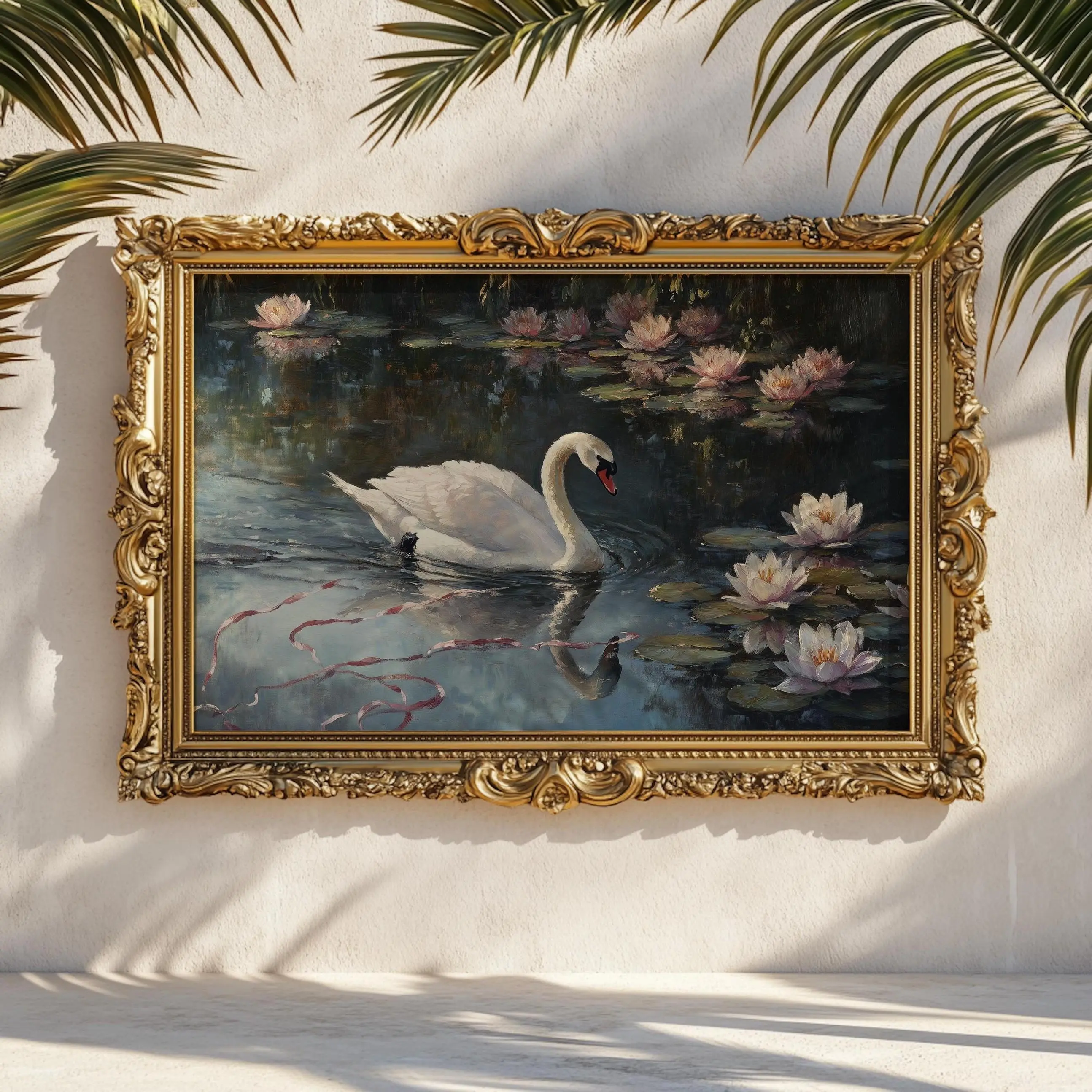Swan in Lily Pond Art Print - Artistic Graphical Print, Romantic Vibe Nature Wall Art, Cottagecore Bedroom Decor, Elegant Mountable Physical Poster