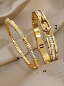 2 Pcs Fashion Classic Sparkling Zircon Bamboo Design Bracelet, Luxury Open Ring, Punk Style, All Seasons Jewelry
