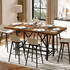 LITTLE TREE Rectangular Counter Height Dining Table with Metal Footrest for 6 People, 35.43" Tall (Rustic Brown) LITTLE TREE Rectangular Counter Height Dining Table with Metal Footrest for 6 People, 35.43" Tall (Rustic Brown)