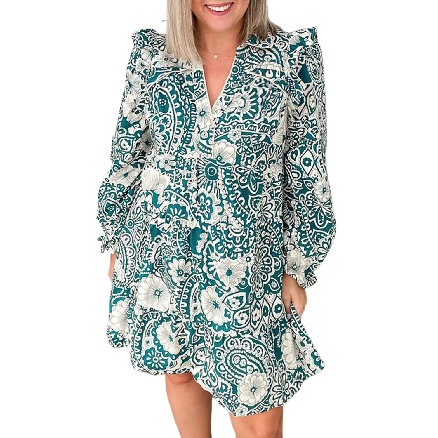 Plus Size Women's Bohemian Floral Mini Dress, Casual Green Polyester Flounce Sleeve Split Neck Summer Dress, High Waist, Flounce Sleeves, Casual Wear, H-Line, Ruffle Sleeve