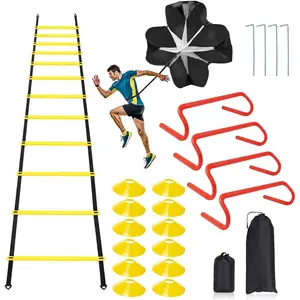 Speed & Agility Ladder  Equipment Set, Includes 12 Rung 20ft Agility Ladder, 4 Agility Hurdles,12 Disc Cones, 1 Resistance Parachute for  Football Soccer Basketball Athletes