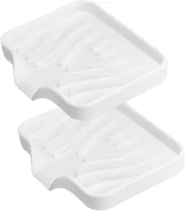 2 Pack Silicone Soap Dish with Drain, Self Draining Bar Soap Holder for Shower, Silicone Dish Soap Tray, Bathroom and Kitchen Sink Organizer, White