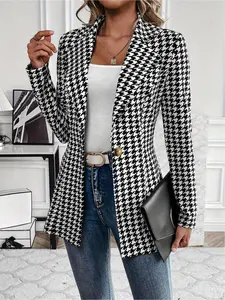 Women's Houndstooth Print Open Front Suit Blazer, Casual Long Sleeve Outerwear for Work Office Business, Ladies Clothes for All Seasons, Womenswear