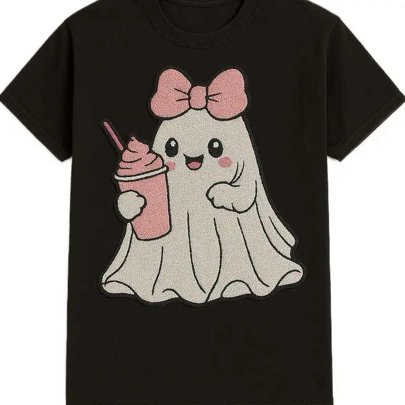 Spooky Cute Ghost T-Shirt with Bow & Drink Kawaii Halloween Graphic Tee for Cozy Fall Vibes Fuzzy Textured Design shirts women Casual Cotton Womenswear Flannel Comfy