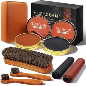 8 count Shoe Polish Kit, Includes 2 count 1.4Oz Brown Shoe Wax, 3 count Horsehair Boots Brushes, 2 count Shine Cloths
