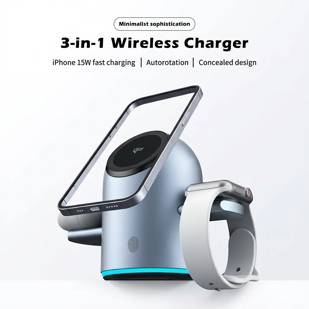 Lyson 3 in 1 Wireless Charger with Auto Rotation Fast Charging Qi2 Certified for iPhone iWatch AirPods Minimalist Design Easy Carry