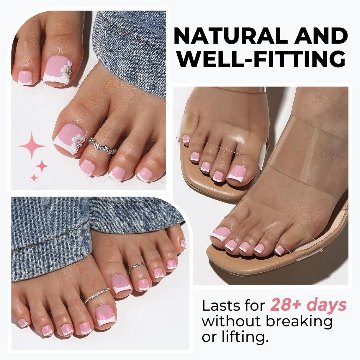 UNA GELLA French Toe Nail Press Ons, Pre-Etched 15 Sizes 180Pcs Sharp  / Soft Square X-Soft Pink Press On Toenails False Toes Soft Gel Square Full Cover Fake Toenails for Nail Extensions DIY Salon Pedicure