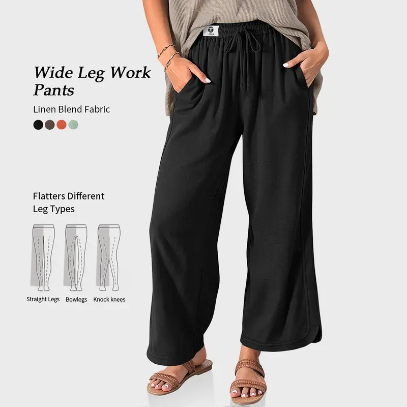 [SS26 Collection] TARSE Women Linen Blend Straight Wide Leg Pants Casual Trendy Drawstring Beach Vacation Palazzo Trousers with Pockets Loose Minimalist Athletic Bottom